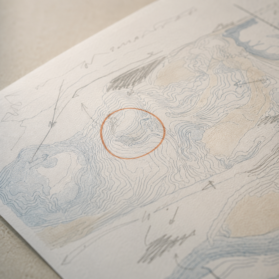 Tirage de courbes de niveau annoté au crayon, cercle terre cuite autour d'une zone
